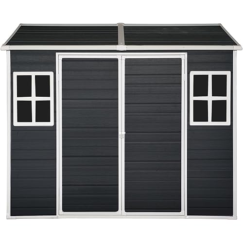 8x6 FT Outdoor Resin Garden Shed with Floor, Plastic Patio Outdoor Storage Shed with 2 Windows, All-Weather Bike Utility Tool Garden Storage Shed with Lockable Door for Backyard Garden, Black