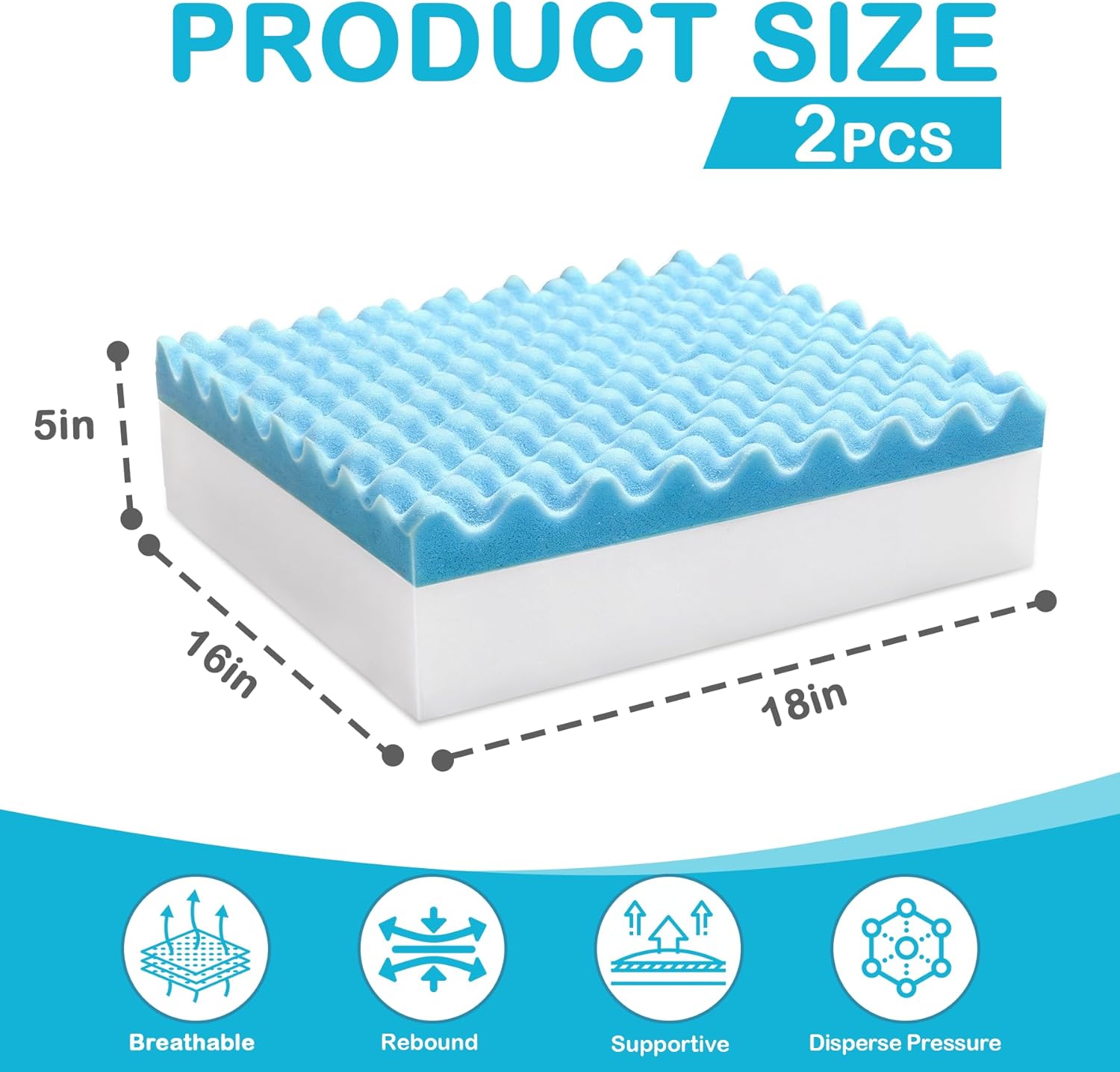 Egg Foam Crate Pad with High-Density Base for Long Sitting, Double Layer Design Disperse Pressure & Breathable Support 18"x16"x5" Seat Cushion for Office Chair Wheelchair Car Recliner(2 PCS)