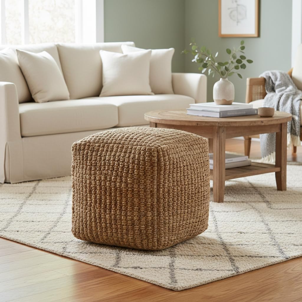 LR Home Indoor Farmhouse Solid Jute Ottoman Pouf | 18" D x 18" W x 18" H, Natural