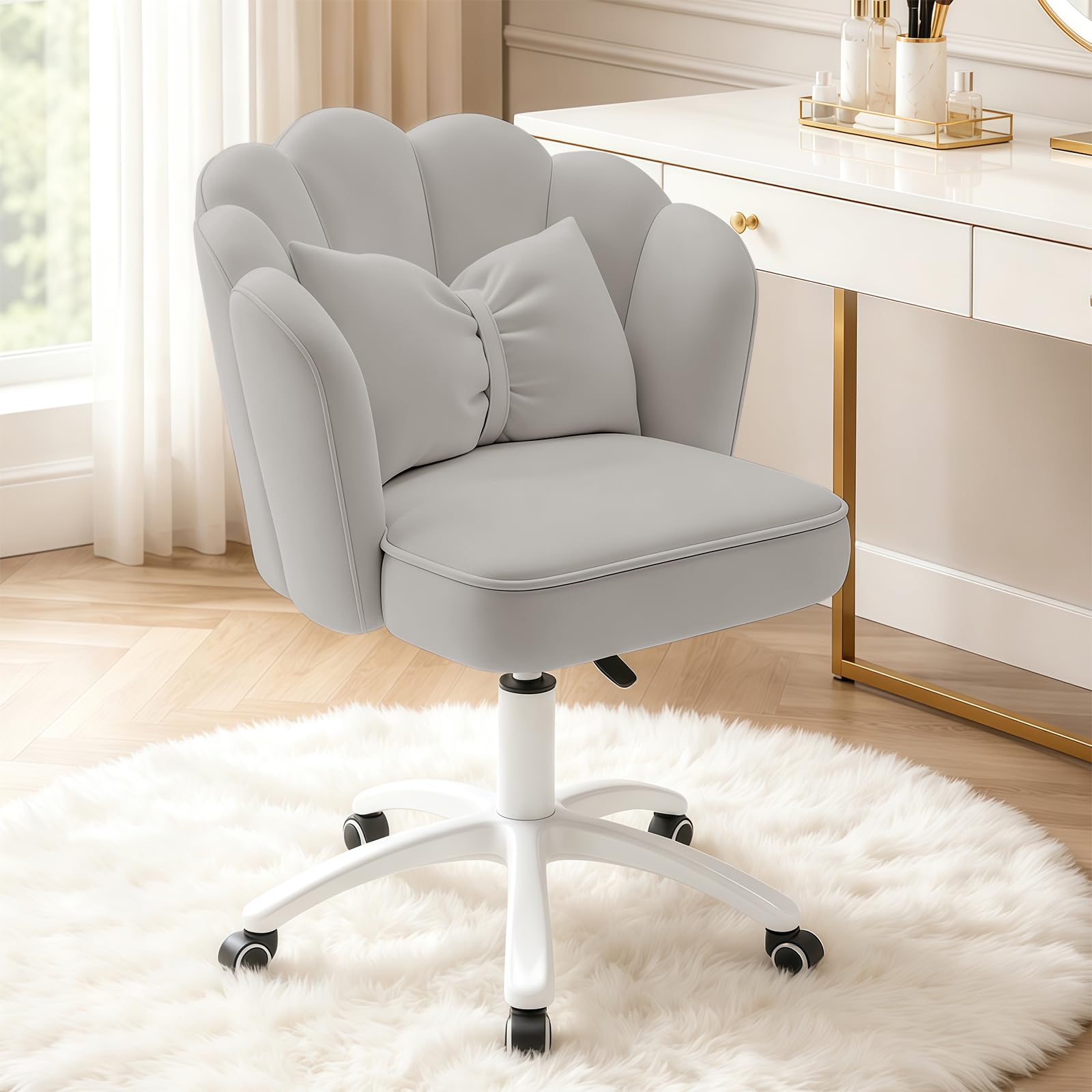 HDHNBA Vanity Chair Velvet Petal Desk Chair Upholstered Modern Tufted Home Office Chair with Back,Height Adjustable Computer Task Chair for Bedroom Living Room(Grey)
