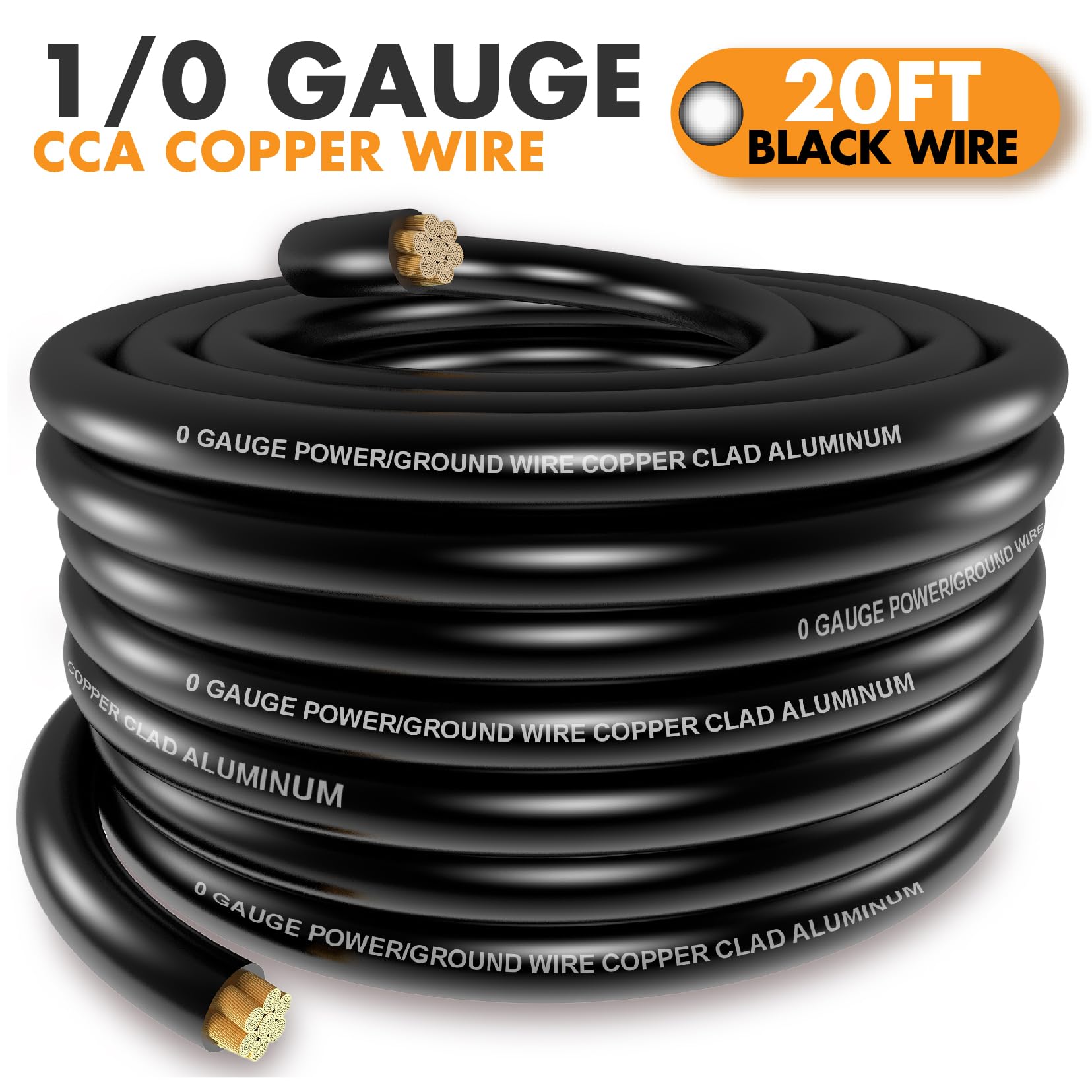Câble CCA noir de calibre 1/0 (rouleau simple de 6,1 m) – Câble de terre de rechange pour amplificateur de voiture et mise à niveau Big 3 | Comprend des bornes et un thermorétractable