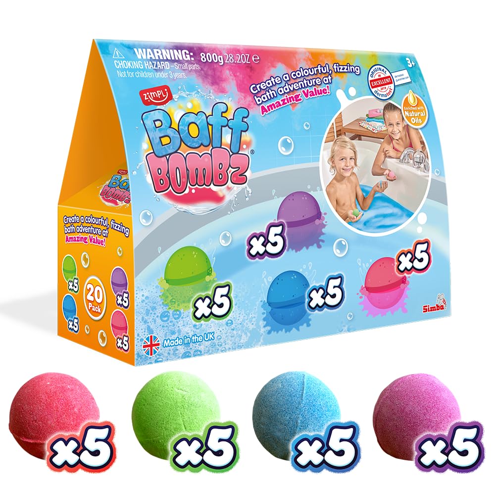 ZIMPLI - 20 x Baff Bombz, Kids Bath Bombs Gift Set, Bubble Bath Fizzers, Birthday Toy for 4 Plus Year Old Boys & Girls