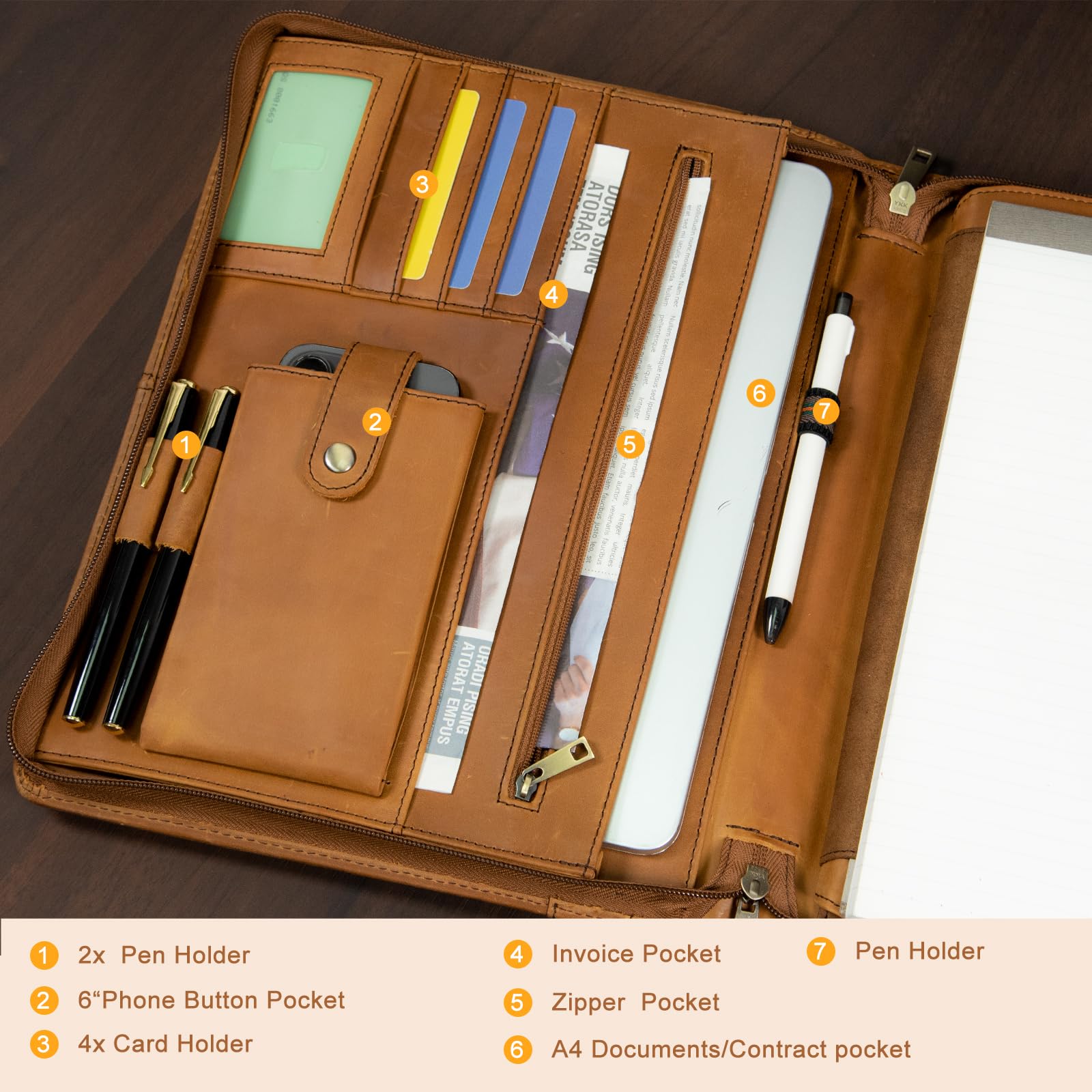 Organisateur Professionnel Cuir Porte-documents A4 Zippé Cuir
