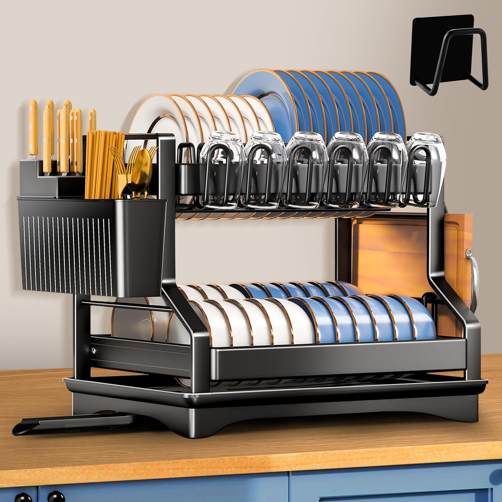 UCAMP Escurreplatos Acero Inoxidable Cocina,Escurridor de Platos de 2 Niveles con Función de Drenaje Automático y Soporte para Utensilios,Escurridor de Platos para Fregadero,Escurre Platos Armarios