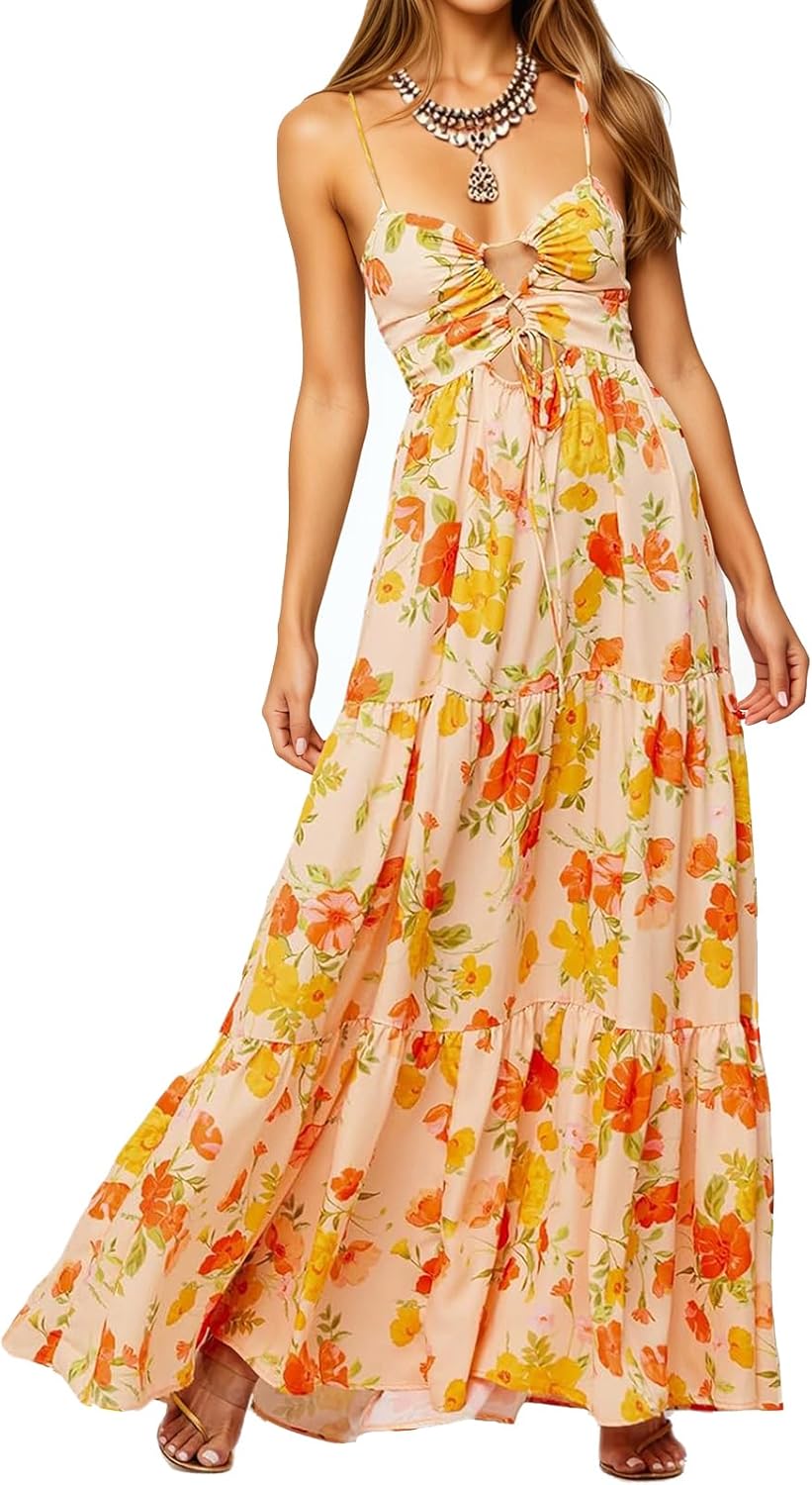 Womens Summer Floral Spaghetti Strap Backless Low Cut Smocked Milkmaid Flowy Beach Sundresses