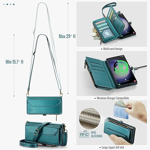 Miniatura 8 de Strapurs Funda cruzada para Samsung Galaxy S23 UltraBloqueo RFID con soporte para 10 tarjetas con ranura para billetes, correa magnética de piel