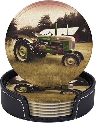 Old Tractor Photo Farm Juego de 6 posavasos con soporte de cuero, protector de mesa para bar, decoración de tazas, almohadilla para mesa de café,