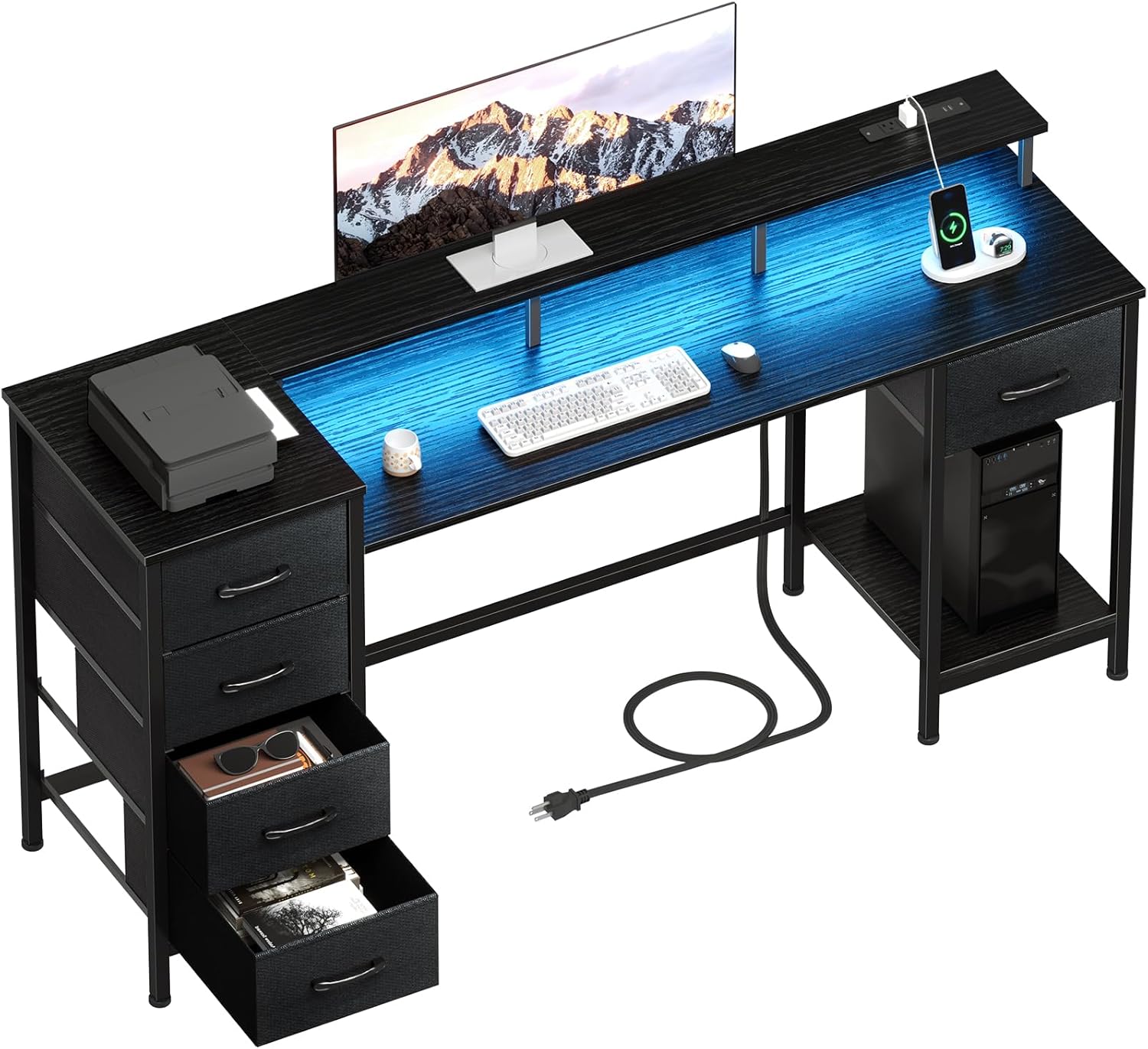 Photo 1 of 55 Inch Computer Gaming Desk with Power Outlets LED Lights, Reversible Home Office Desk with Adjustable Fabric Drawers for Working Writing Study, Black Oak 