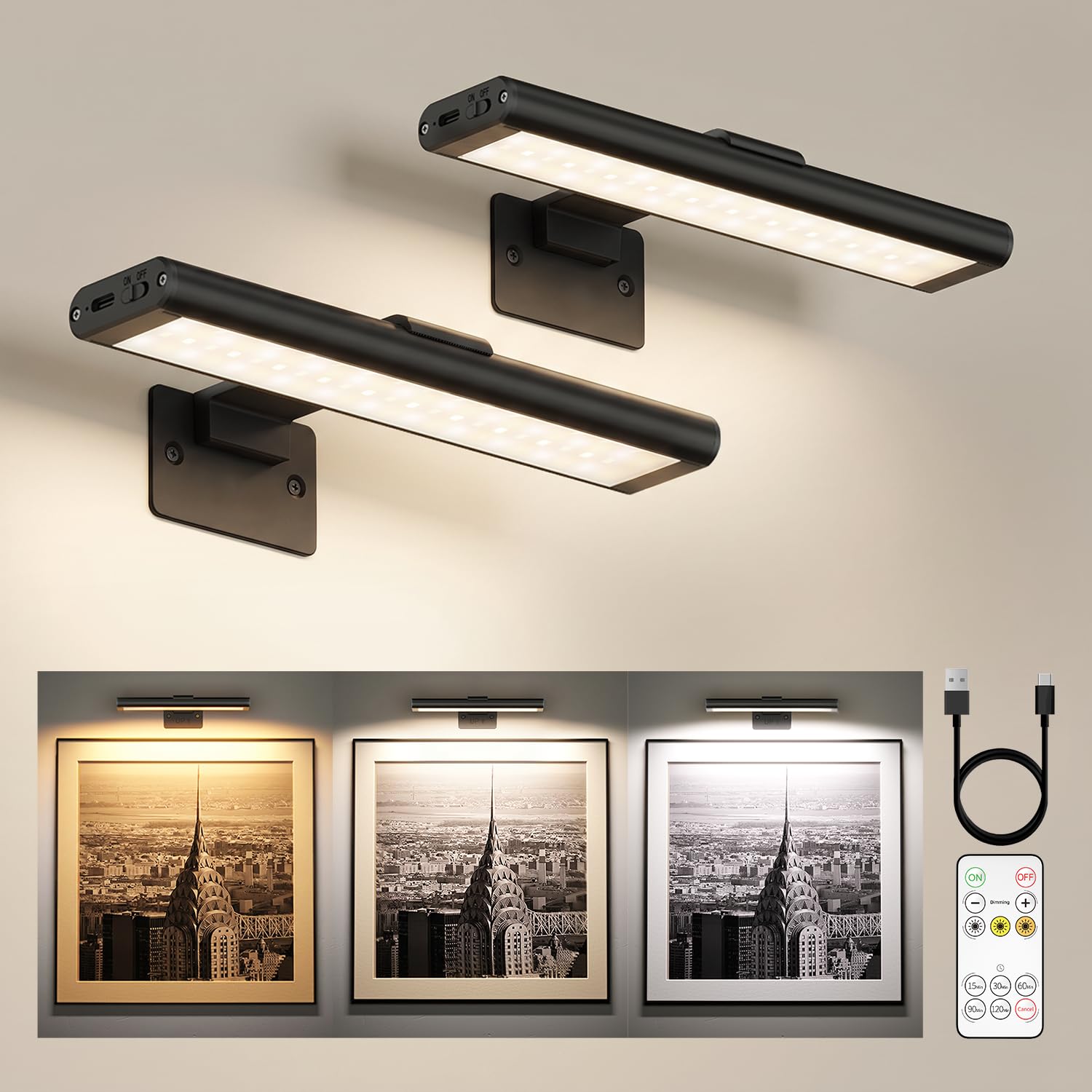 EZVALO Bildbeleuchtung Kabellos, Wandleuchte Innen LED, Fernbedienung, Dart Beleuchtung, 3 Farbtemperaturen, integrierter 2400mAh Akku, Magnetische Bilderleuchte für Gemälde, Foto (Schwarz, 2 Stück)