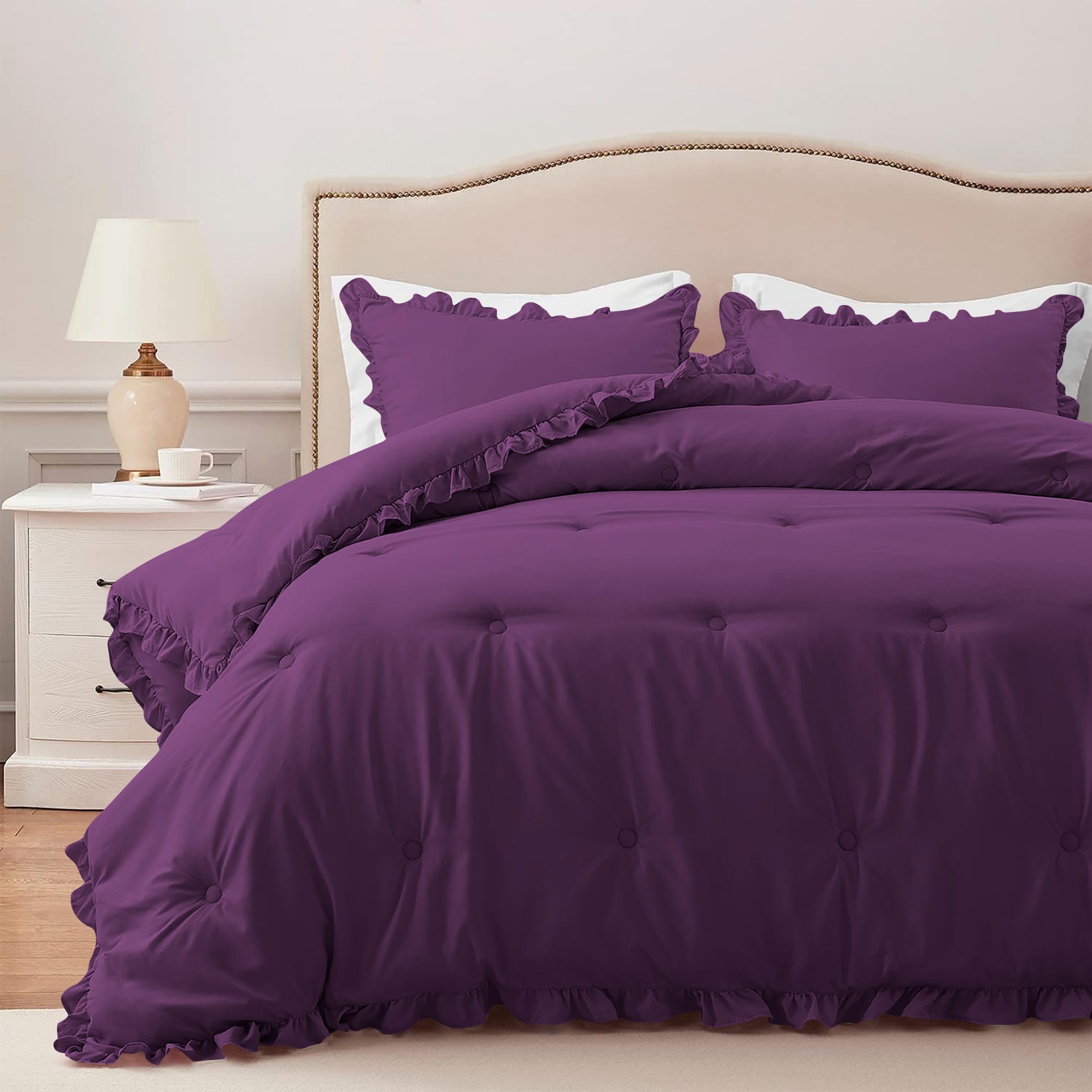 5 Pieces Luxury Ruffle and Point Botton Design Comforter 100% Egyptian Cotton, 1000 TC - All Seasons Ultra Soft 550 GSM - (Plum Colour) Oversized Super King Size