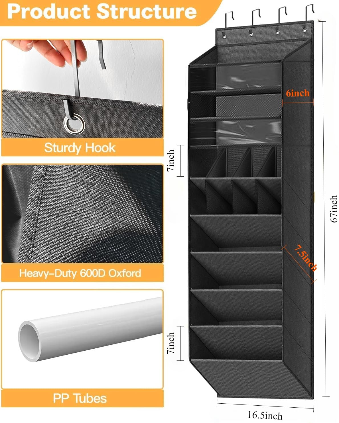 Zapatero para colgar sobre la puerta con 8 estantes para botas, solución de almacenamiento estrecha para el hogar y el apartamento, bolsillos profundos para artículos esenciales diarios, color gris