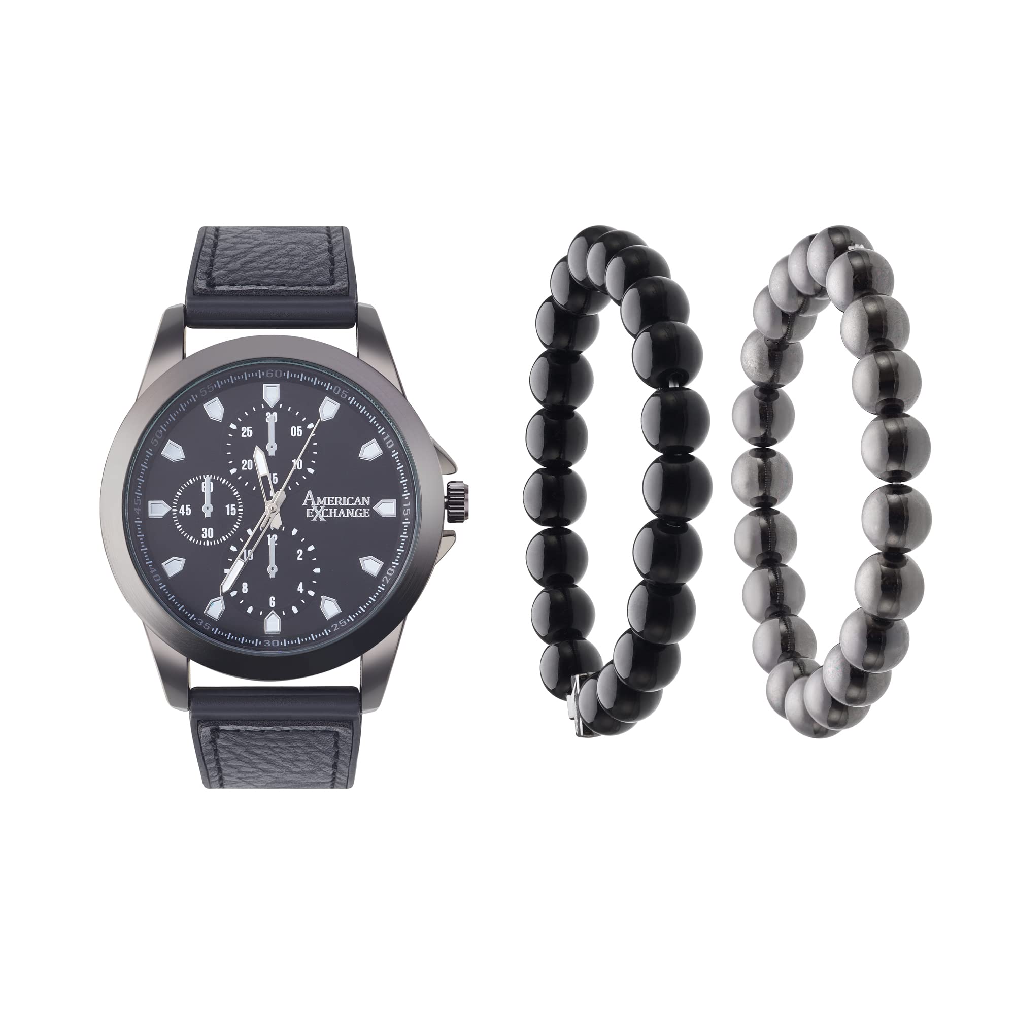 American ExchangeMen's Quartz Movement Black/Matte Black Analog Watch and Stackable Bracelet Set with Zippered Pouch