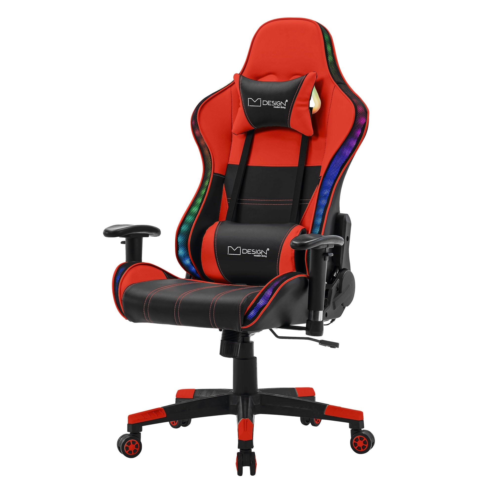 ML-Design Silla Gaming Roja Ergonómica con Iluminación LED RGB y Altavoces Bluetooth Asiento Giratorio PU Imitación Cuero Racing Gamer Ajustable en Altura con Reposabrazos Reposacabezas, CojÃn Lumbar