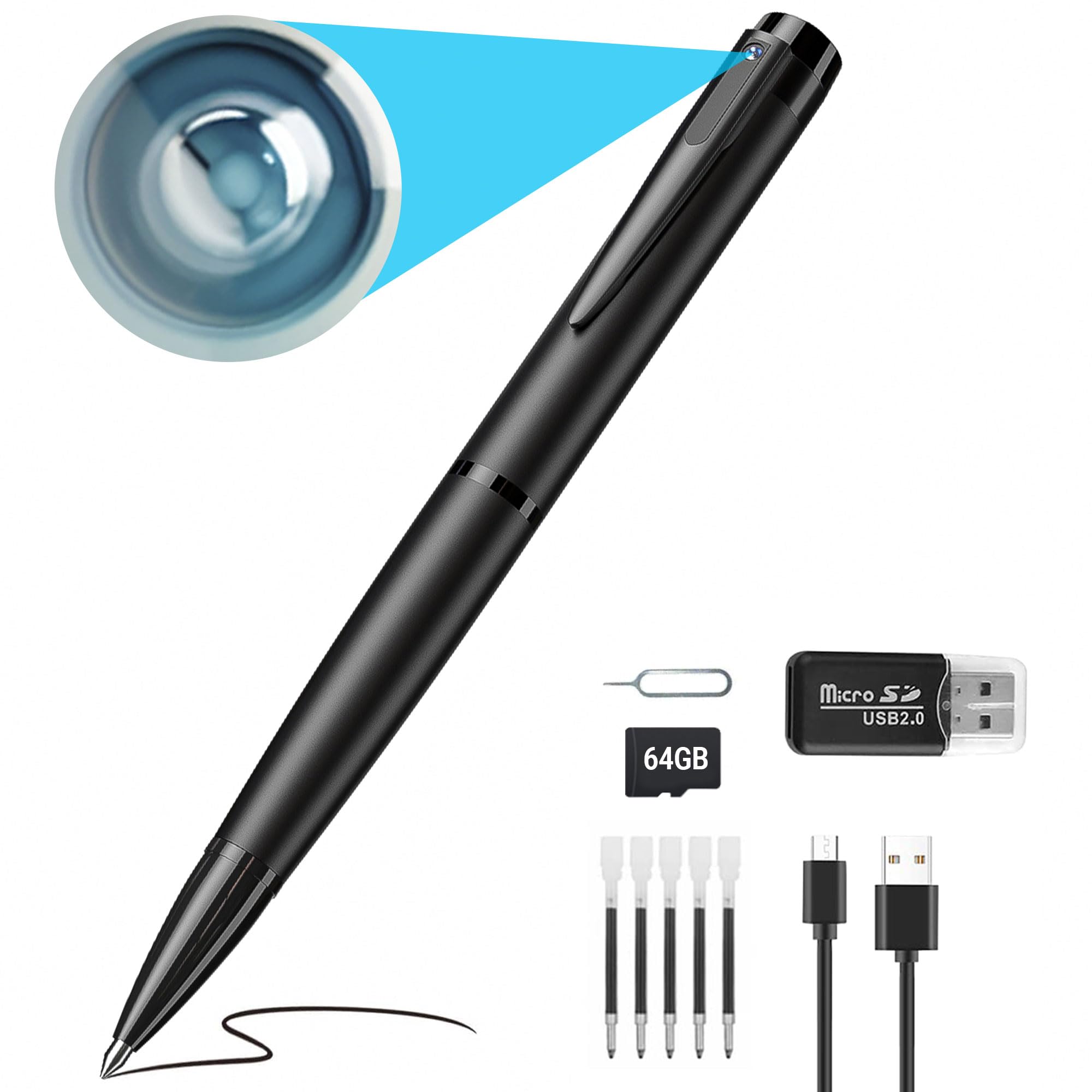 Pen Camera - Mini Camera with FHD 1080P Security Camera- Nanny Video Surveillance Camera for Indoor Security (Black with 64GB TF Cards)