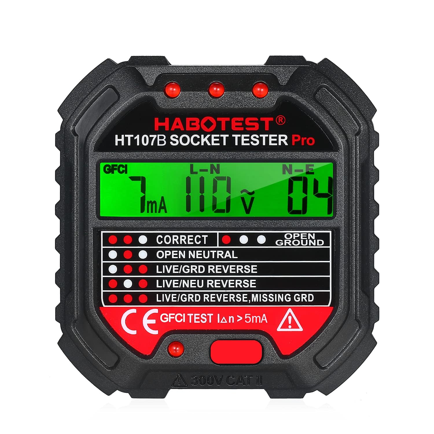 Tester per Circuiti Elettrici con Test RCD e Display LCD,6 Tipi di Diagnosi di Errore,Tester Prese Elettriche,Rilevatore di Tensione,Tester de Prese,Rilevatore Cavi Elettrici,CAT II 300V