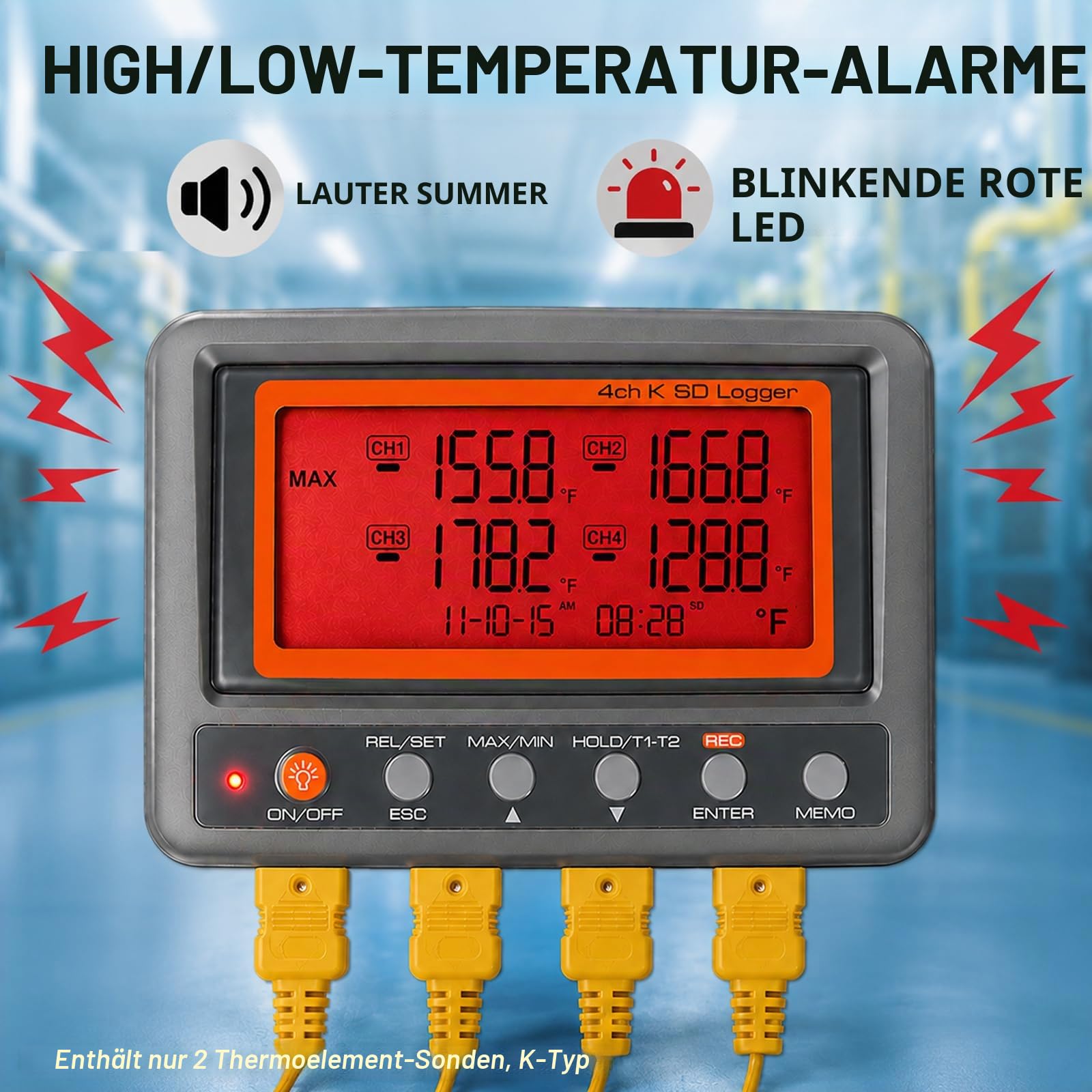 Digitales 4-Kanal-Thermoelement-Thermometer mit SD-Karte, Datenlogger-Funktion, programmierbarer Alarm für hohe/niedrige Grenze, Mehrkanal-Temperatursensor, Temperaturrekorder