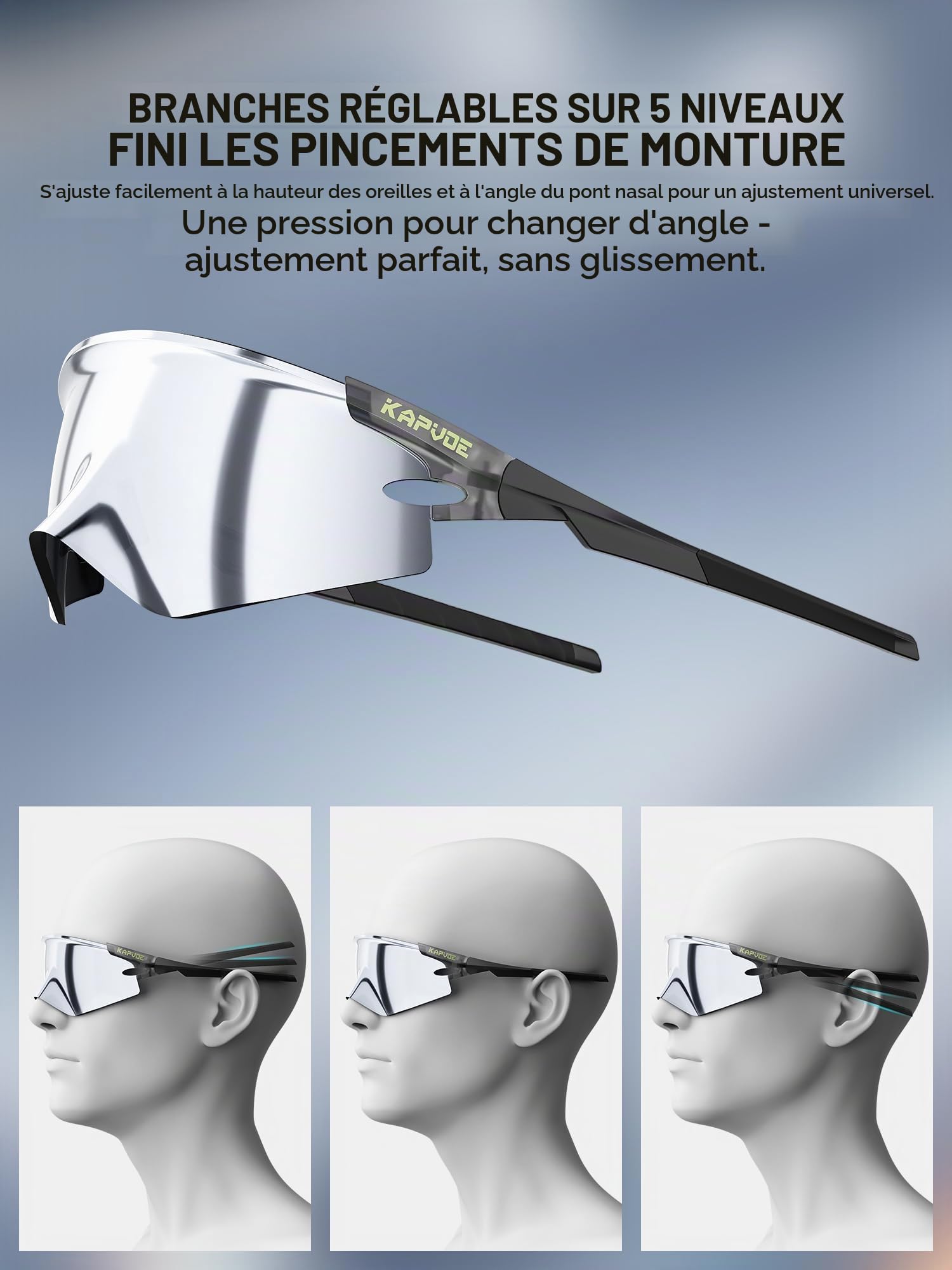 KAPVOE Lunettes Cyclisme Photochromiques & Teintées Homme Femme VTT K410 | Lunettes sport photochromiques et teintées pour homme et femme, conçues pour VTT, course et pêche
