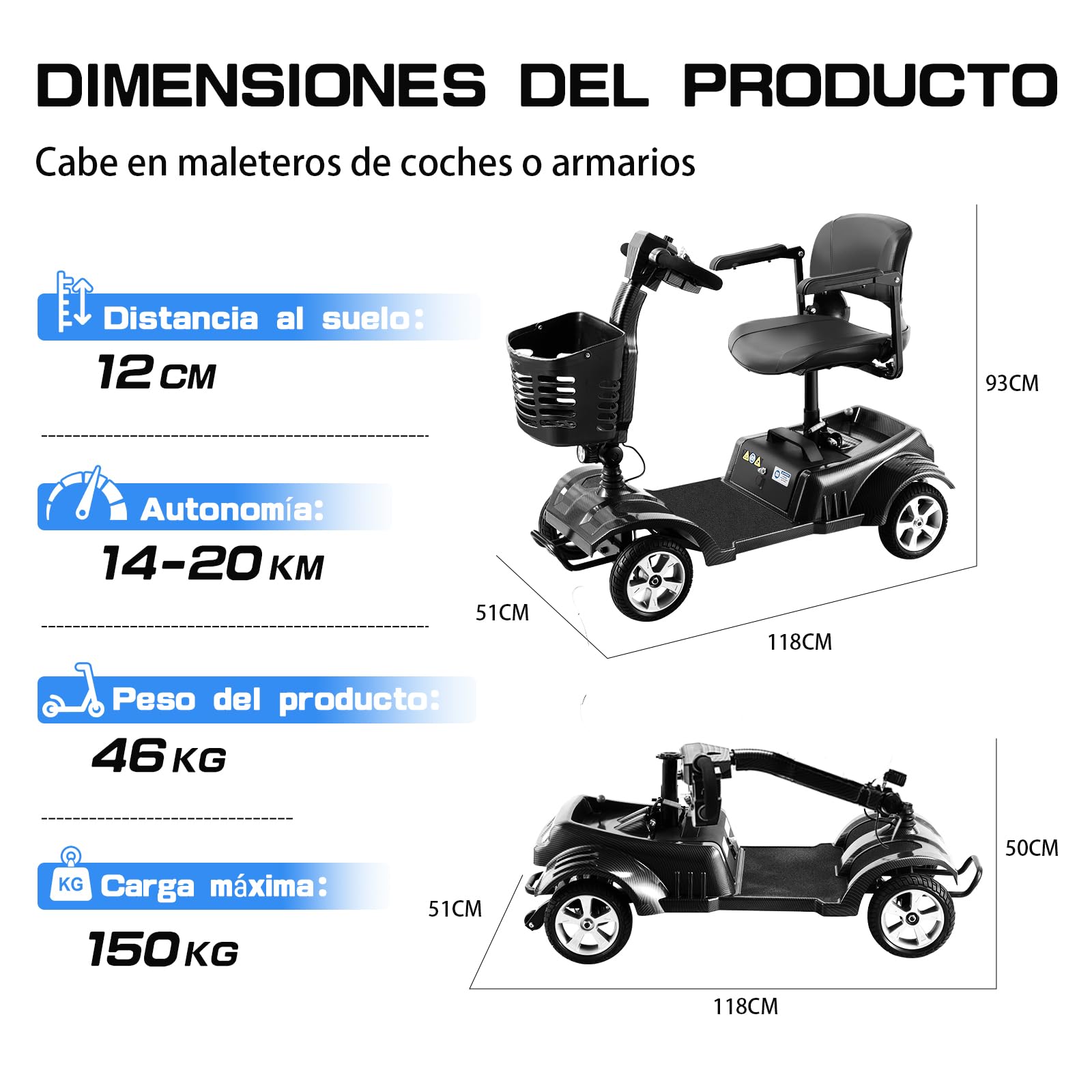 Z02 Scooters para discapacitados plegable para mayores, autonomía de 20 km, motor de 350 W, diseño estable antivuelco, asiento giratorio de 360°, luces LED, fácil de usar, 5 años soporte - Negro