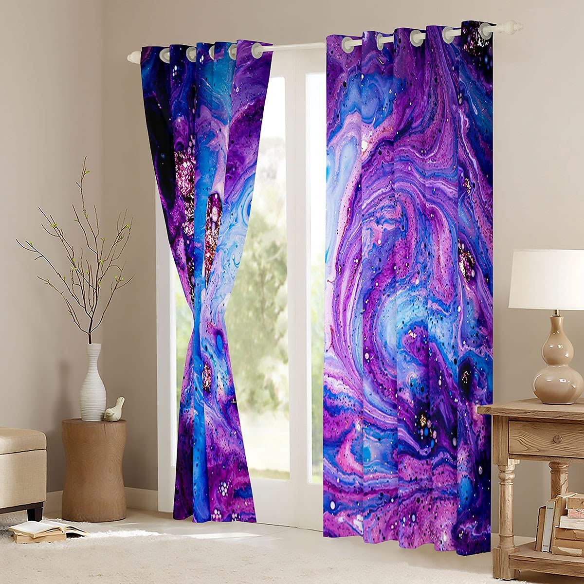 Glitter Marble Curtain for Bedroom Purple Marble Printed Room Curtain for Kids Boys Girls Abstract Art Curtain Boho Psychedelic Drapes,W66*L90 - Image 3