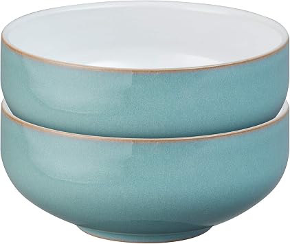 Denby - Azure Blue Cereal Bowls Set of 2 - Dishwasher Microwave Safe Crockery 800ml 15.5cm - Sea Blue, White Ceramic Stoneware Tableware - Chip & Crack Resistant Soup Bowls