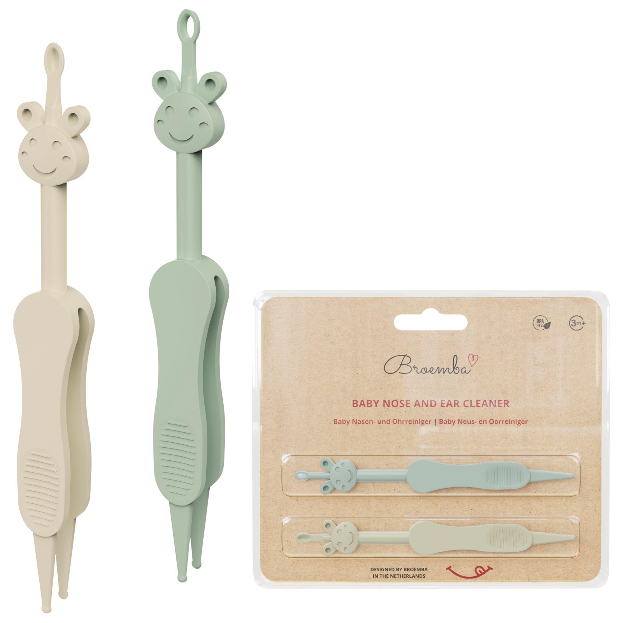 Broemba Baby Nasenreiniger & Ohrenreiniger inkl. Pinzette - 3-in-1 Alternative zu Nasensauger und Nasenbirne - BPA-frei - Grün/Beige