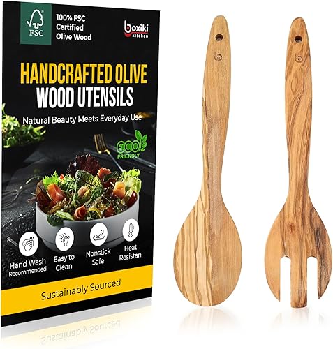 Juego de 2 utensilios de madera de olivo Cuchara y espátula de madera hecha a mano Utensilios de cocina ecológicos naturales, antiadherentes,