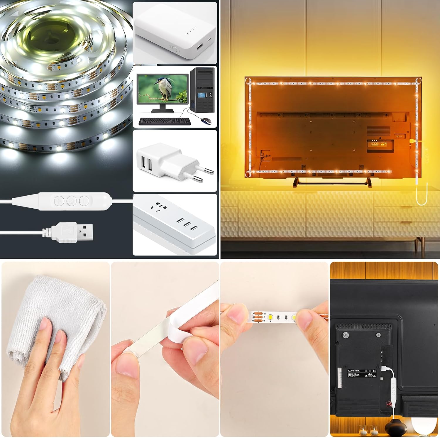 Close-up of the LED strip showing two types of LEDs and a hand holding scissors cutting the strip at a designated mark.