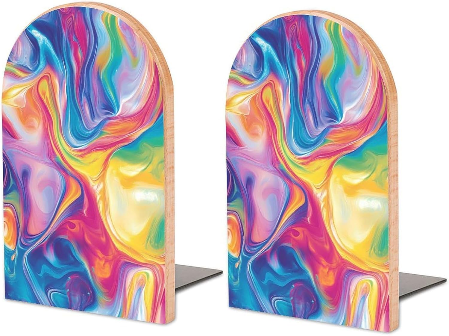 PsychedelicRainbow Cute Wood Book Ends Decorative Bookends 1 Pair Non-Skid for Shelves Home Office 7 X 5 Inch