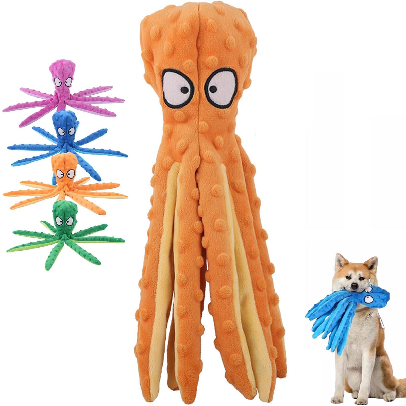 Whiskerspot Octopus Dog Toy, Eco-Friend Octopus Plush, No Stuffing Crinkle Interactive Chew Toy, for Small, Medium and Large Dog Indoor Outdoor Play (Orange)