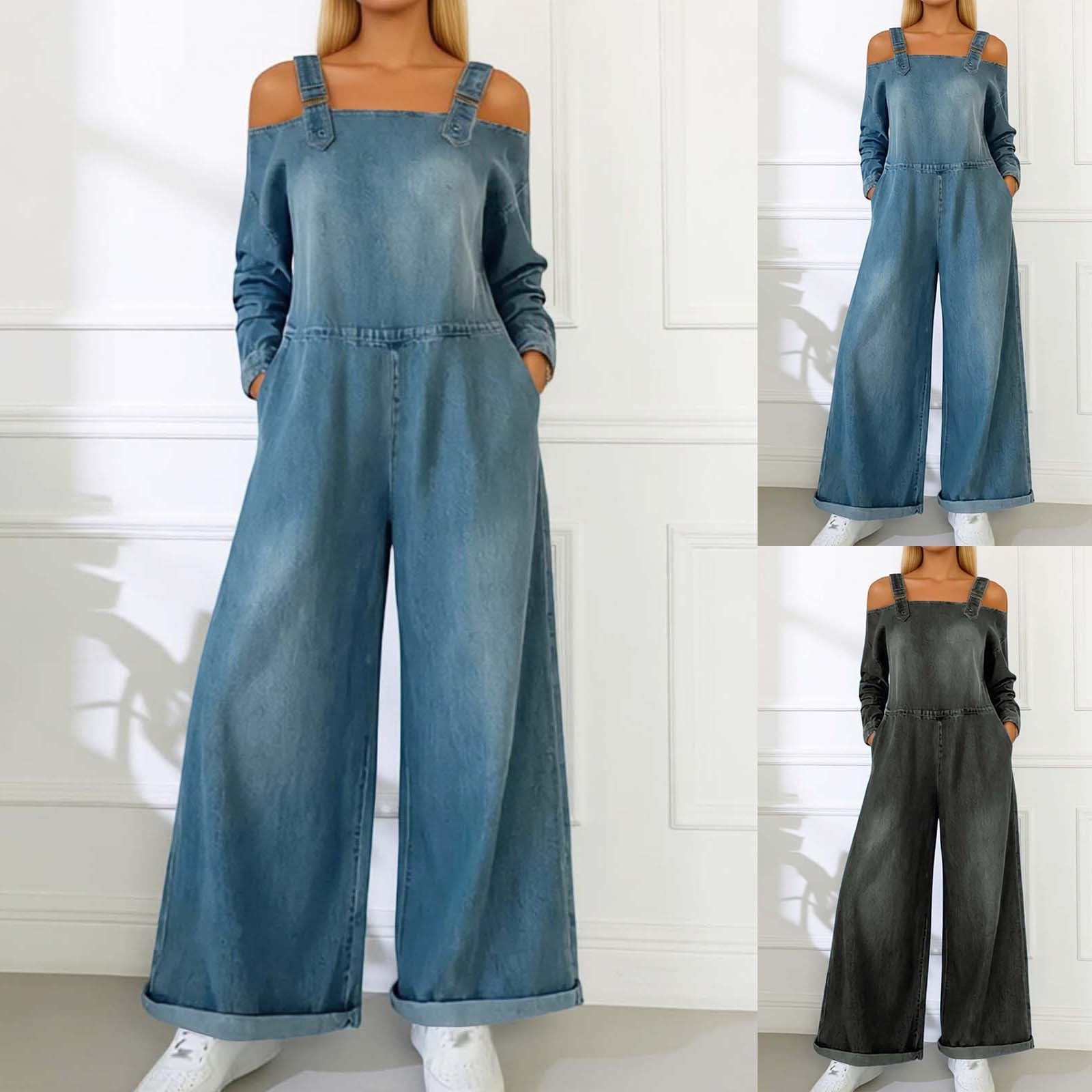 Combinaisons en jean pour femme - Salopette en denim délavé - Manches longues - Épaules dénudées - Combinaison décontractée - Jambes larges - Coupe ample - Body baggy avec poches