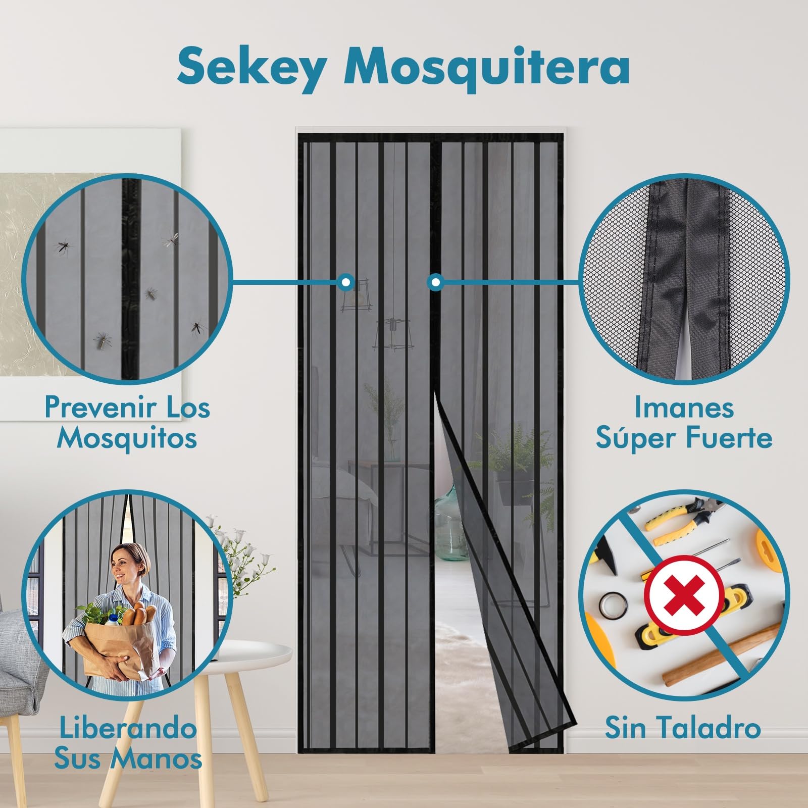 Primer plano del sistema de cierre magnético y la cinta adhesiva de velcro de la cortina Sekey para su instalación.