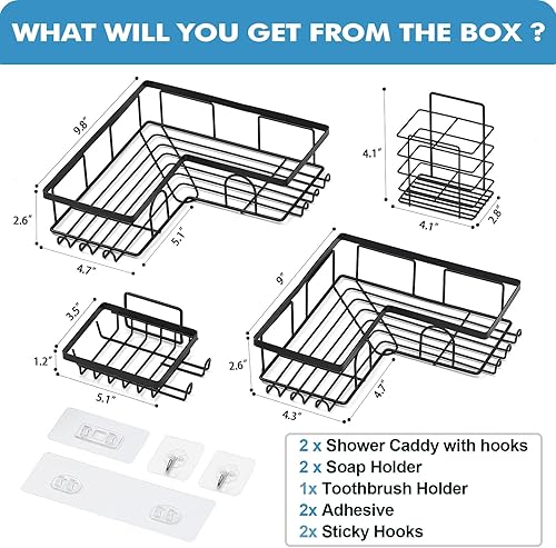 Miniatura 6 de Corner Shower Caddy, 4-Pack Adhesive Shower Caddy with Soap Holder and 12 Hooks, Rustproof Stainless Steel Bathroom Shower Organizer, No Drilling