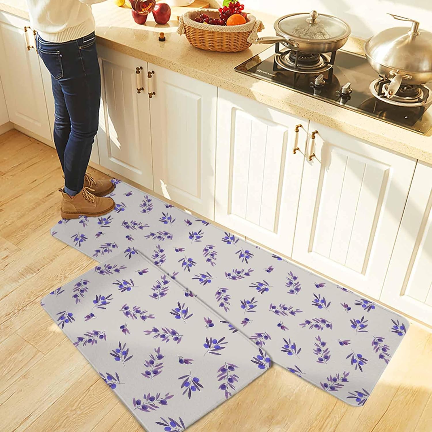 Purple Olive Leaves Kitchen Rugs and Mats Set of 2, Non-Slip Kitchen Sink Mat, Spring Pastoral Branches Plants Beige Washable Doormat Bathroom Rugs Runner for Bedroom/Living Room 19.7"x31.5"+19.7"x63"