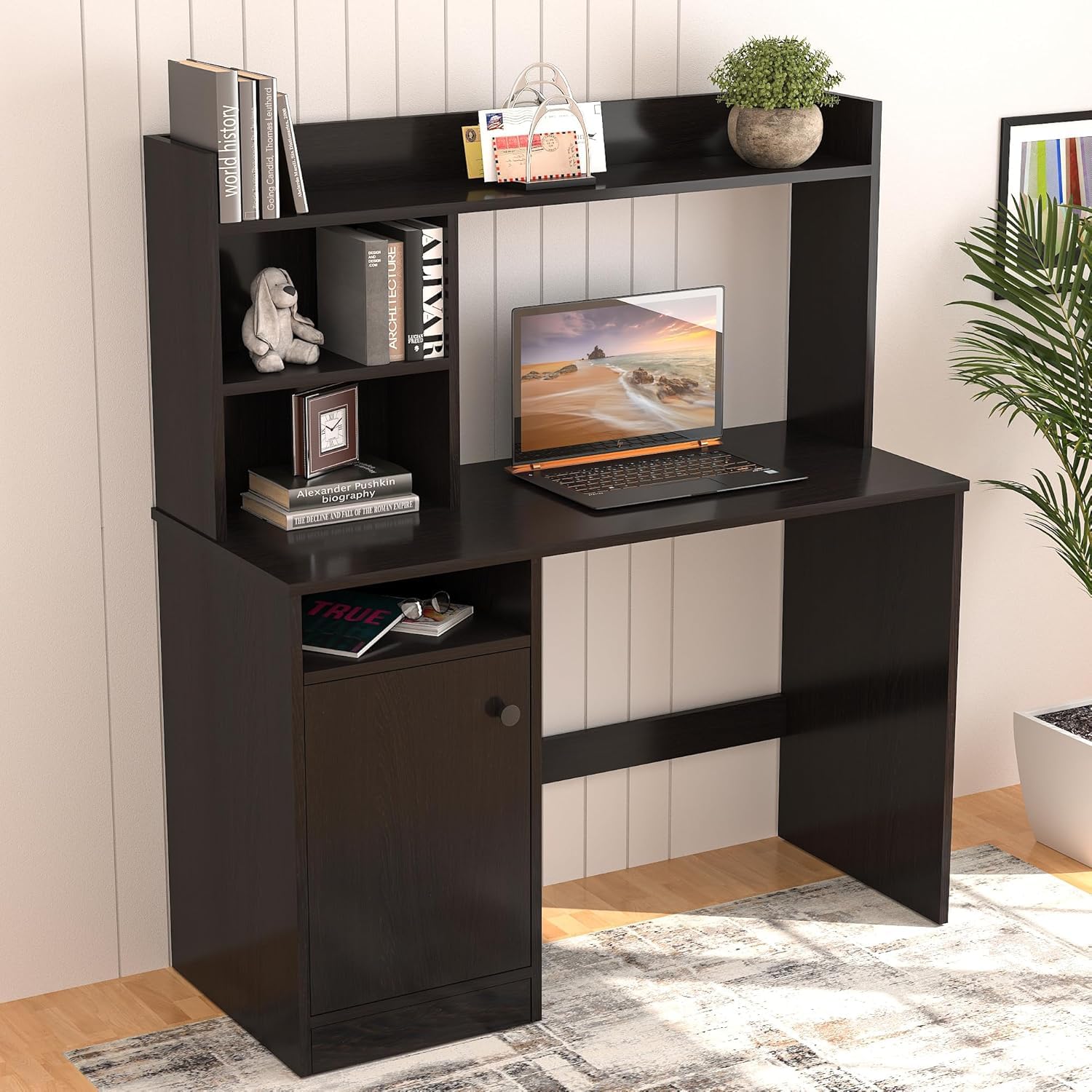 Callas Engineered Wood Study Table with Hutch & Cabinet Storage – Laptop Computer Desk for Home Office, Study, or Bedroom – Modern Workstation Table (N-ST-05-Black)