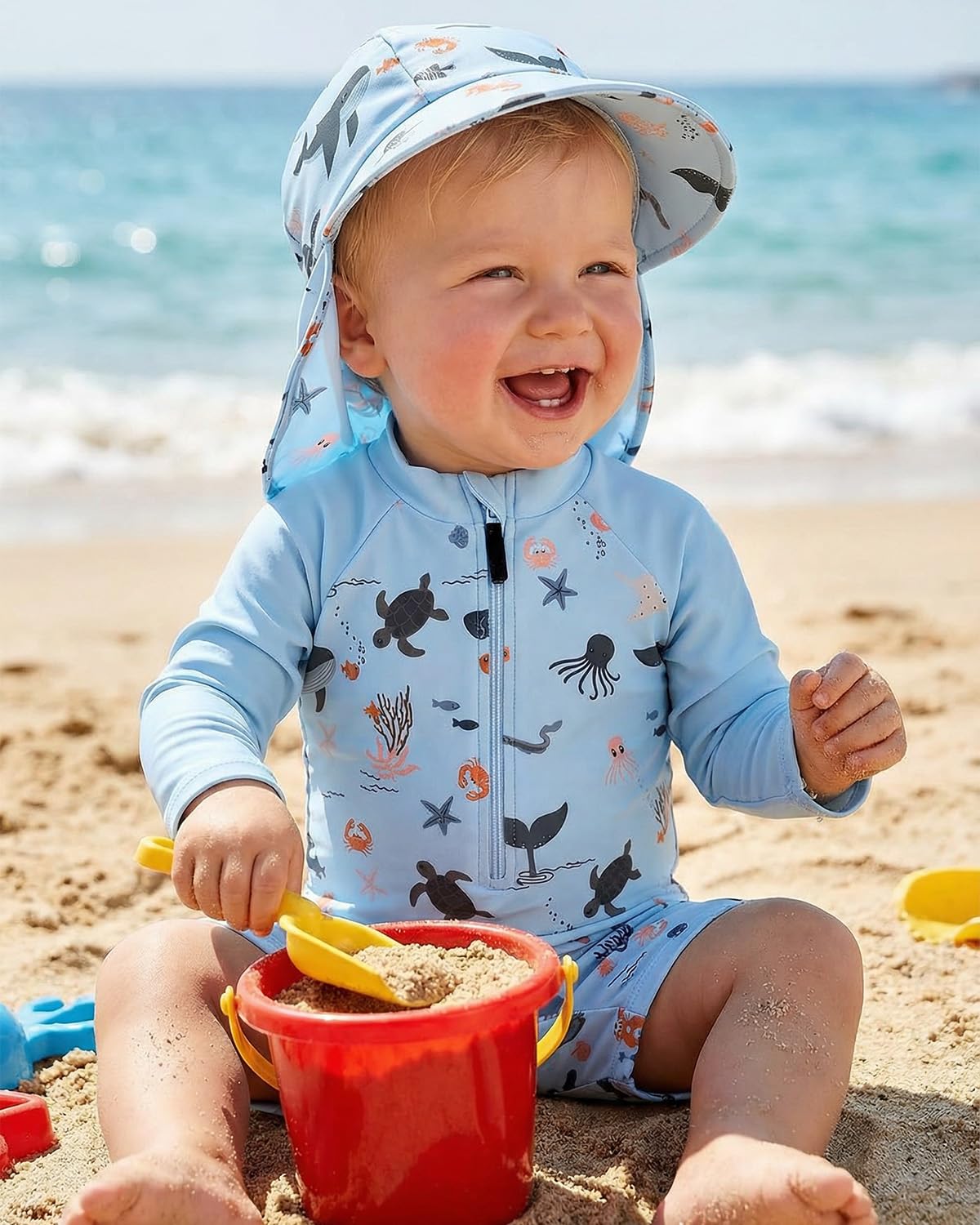 WYTbaby Traje de baño de una pieza para bebé, ropa de protección UV de manga larga para bebé niño con sombrero para el sol
