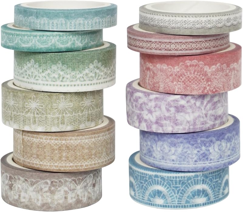 Lace Patterns Washi Tape Set 12 Rolls Decorative Paper Sticker | for Planner Scrapbook Journal DIY Arts Craft