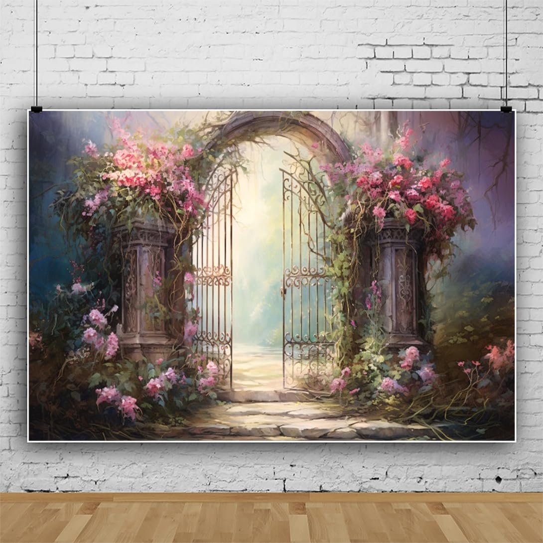 Leowefowa 7x5ft Vinyl Wonderland Gate Backdrop Pink Floral Enchanted Forest Fairy Tale Photo Background Wedding Anniversary Backdrop Girls Princess