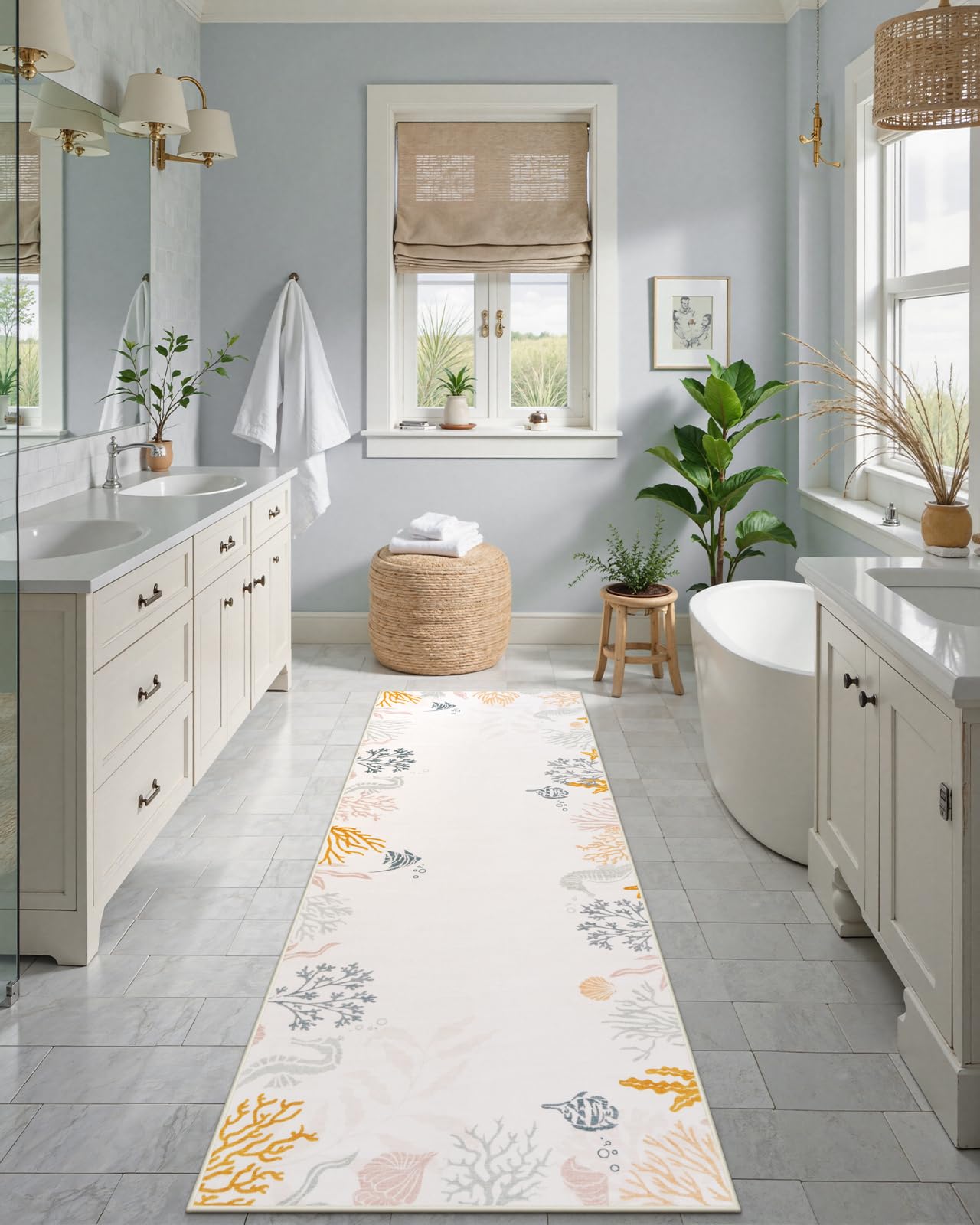 Seavish Washable Coastal Runner Rug, 2x6 Seashell Beige Long Bathroom Runner Rug Non Slip, Low Pile Beach Themed Runners for Hallways, Nautical Floor