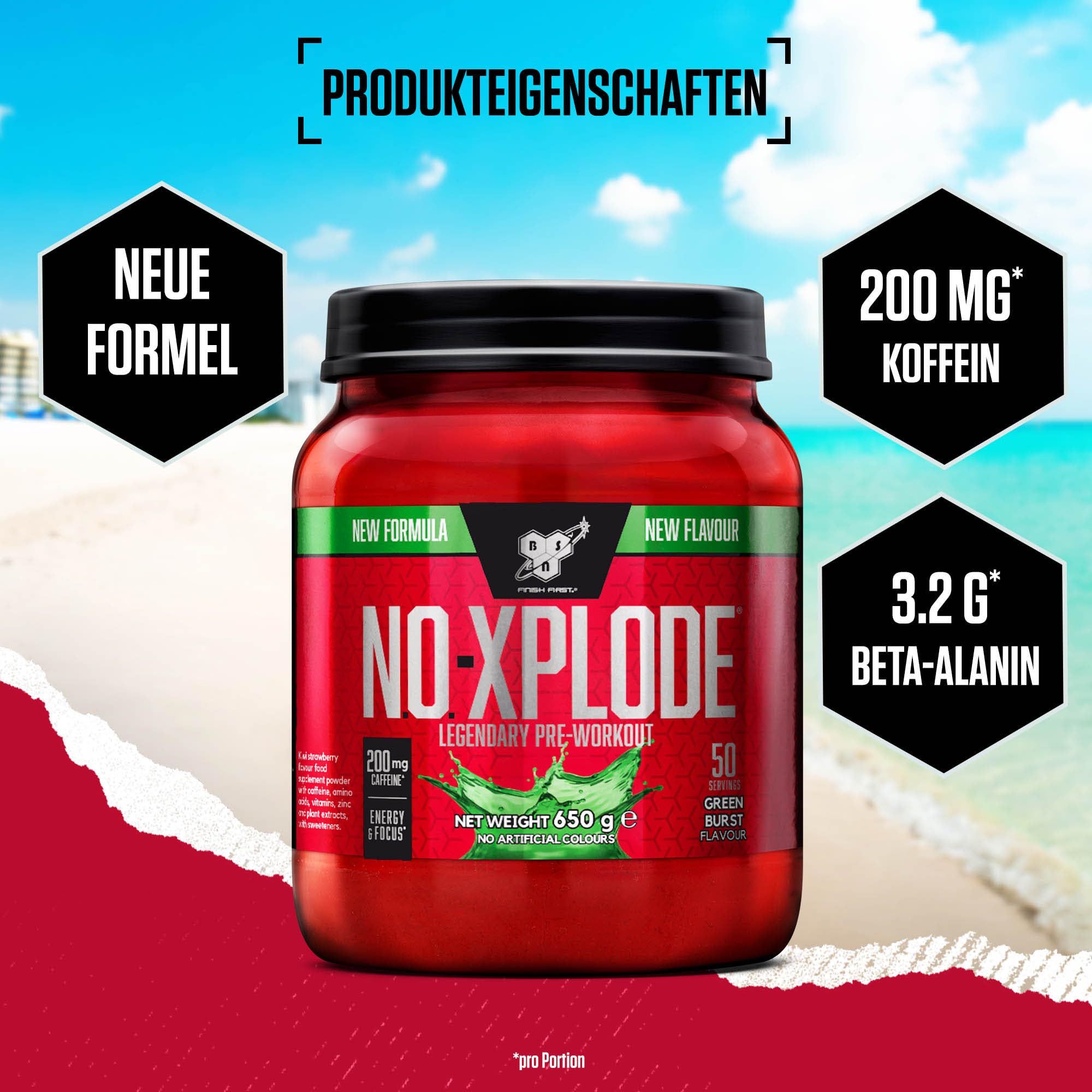 BSN Nutrition N.O.-Xplode Pre-Workout Pulver Nahrungsergänzungsmittel, mehr Energie und Konzentration mit Koffein, Aminosäuren, Vitamin C und Zink, Geschmacksrichtung Green Burst, 50 Portionen, 650 g