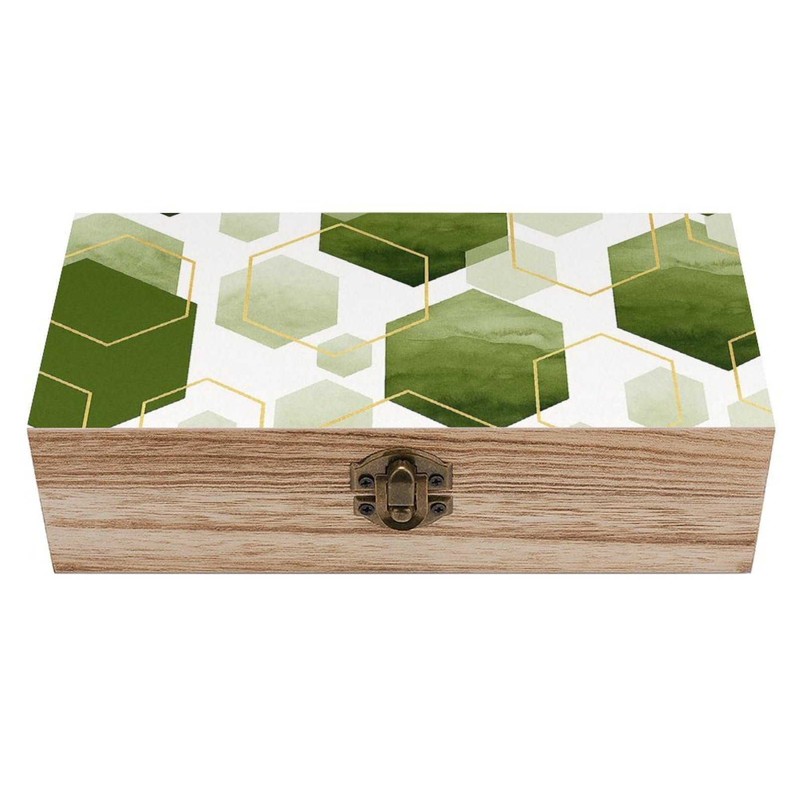 SMAZDFXX Watercolor Green Gold Hexagon Geometric Wooden Storage Box Multipurpose Decorative Box for Jewelry Photo Home Decor