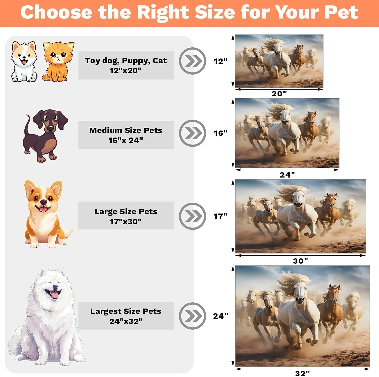 Hexteria Cool Running Horse Dog Food Mat Absorbent Quick Dry Pet Feeding Mat for Food and Water Bowl Non Slip Placemat for Dogs Cat, Easy to Clean,24 x 32 in