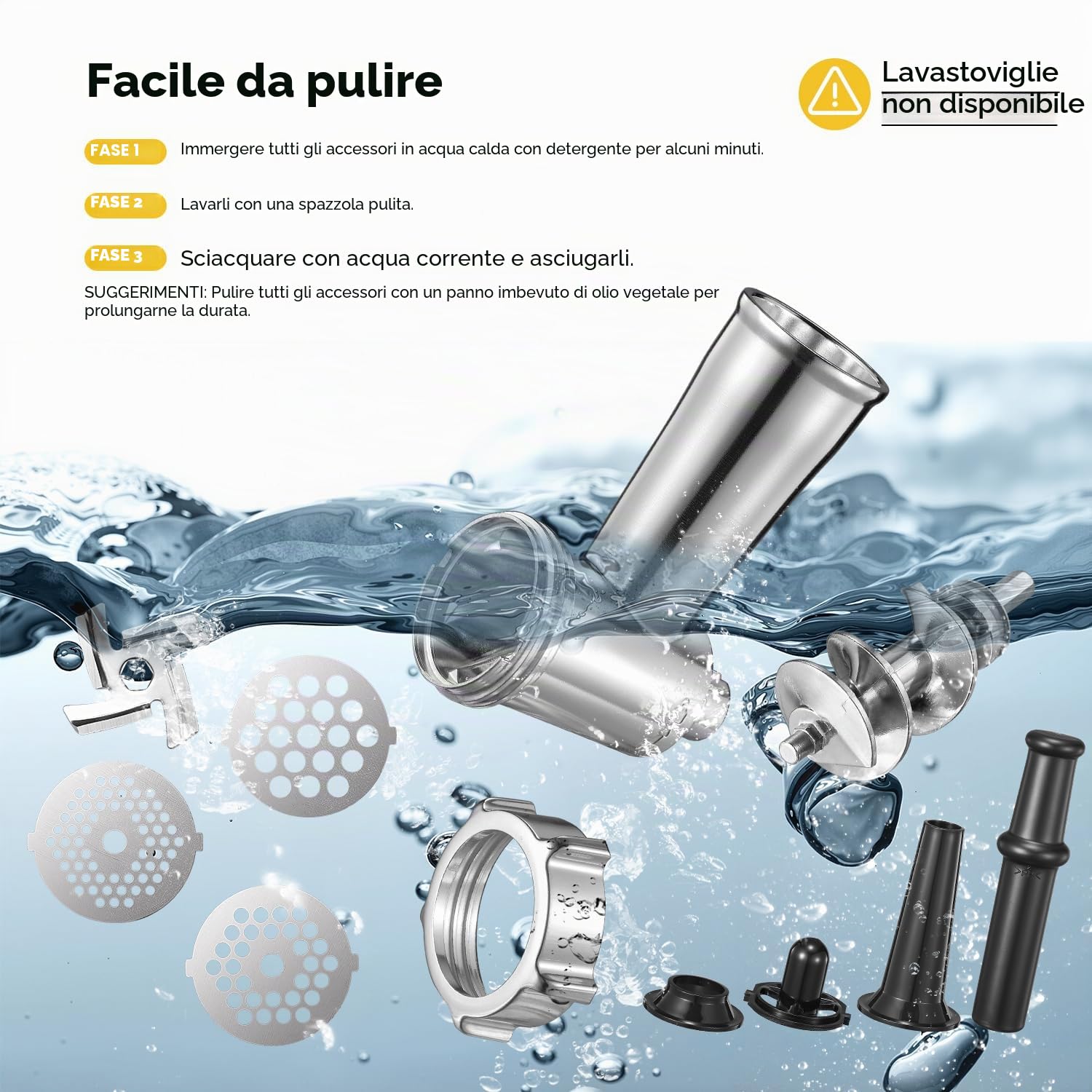 Yabano Tritacarne Elettrico 3 in 1, Macchina per Carne in Acciaio Inox con Accessorio per Salsicce, 3 Piastre di Macinatura, Accessorio per Kubbe e Tubo per Insaccare, per Casa e Cucina