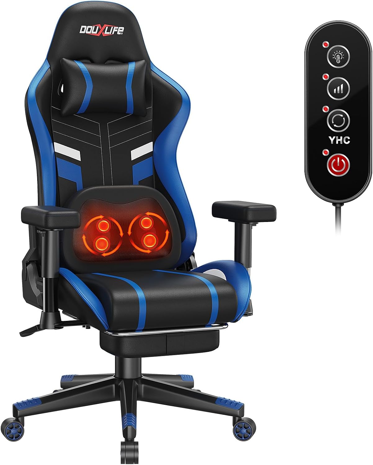 Douxlife Gaming Chair with Kneading Massage Ergonomic Office Chair with Footrest Heating Function 90 -175  Adjustable Thickened 2D Armrests 180 kg Load Capacity Gamer Chair PC Chair Blue