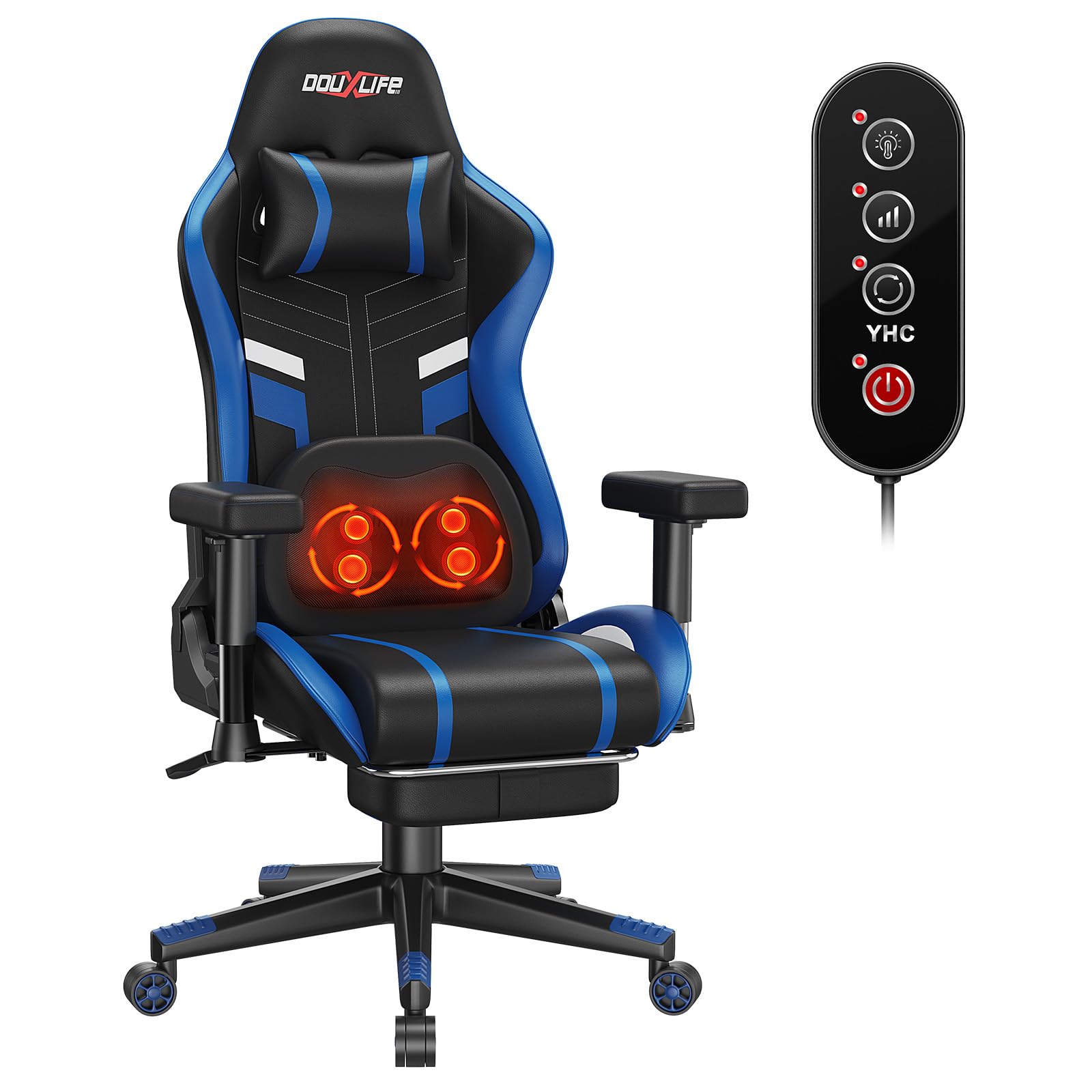 Douxlife Silla Gaming con Masaje de Amasado y Calefacción, Silla Ergonómica para Oficina, Reclinable de 90°-175°, Reposabrazos Ajustables Acolchados en 2D, Capacidad de Carga 181 Kg, Azul