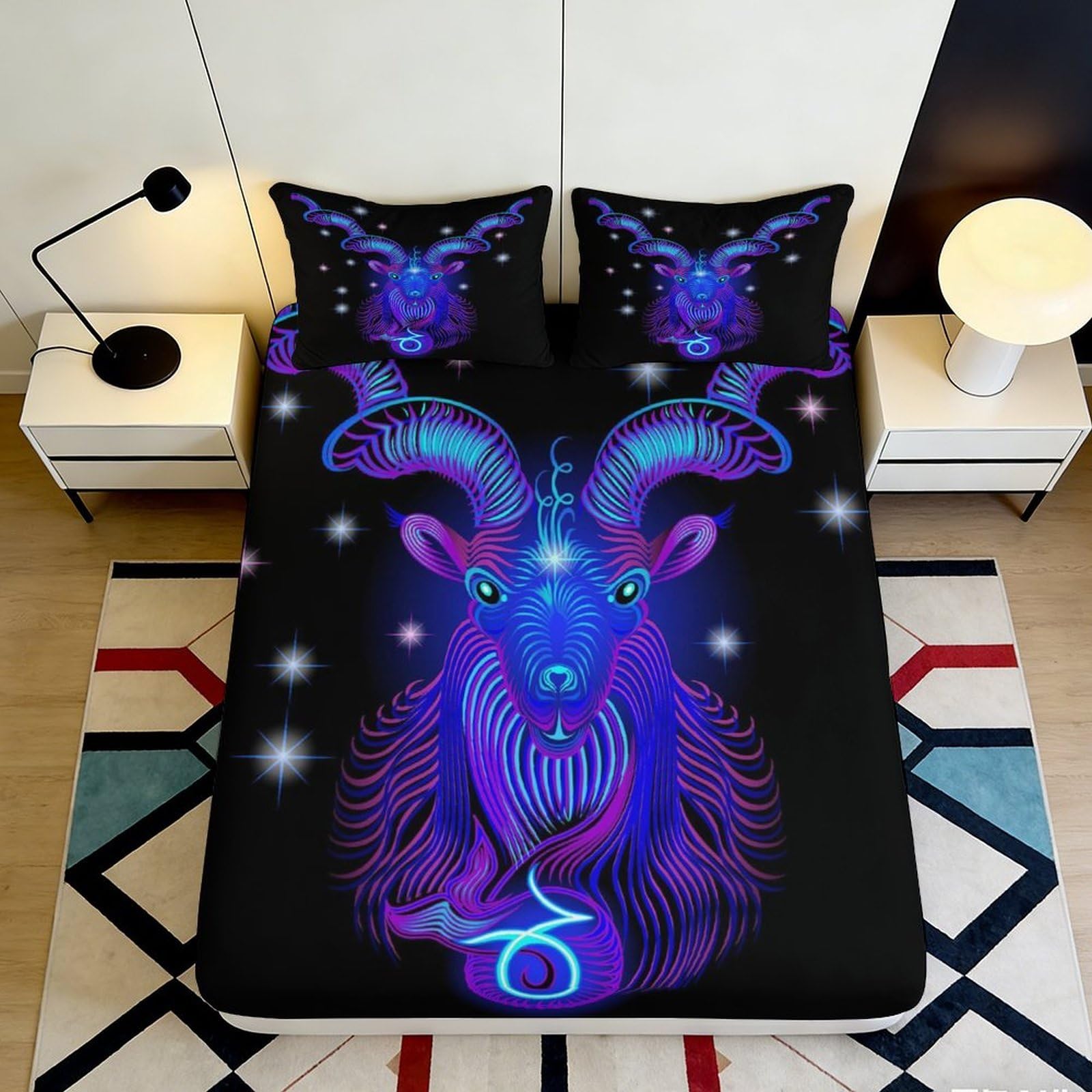 Pnayamiorkfel Style-1 3D Printed Neon Capricorn Fitted Sheet Microfiber Soft Mattress Cover For Bedroom Dorm Decor Easy Care 90X200x25cm