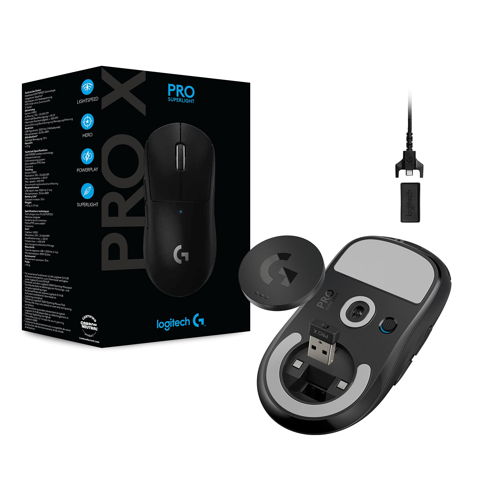 Logitech G PRO X SUPERLIGHT Bezprzewodowa mysz do gier, stworzona do e-sportowego czujnika HERO 25K,programowalne przyciski, żywotność baterii 70 godzin, ZERO-ADDITIVE PTFE FEET, PC/Mac - Czarny