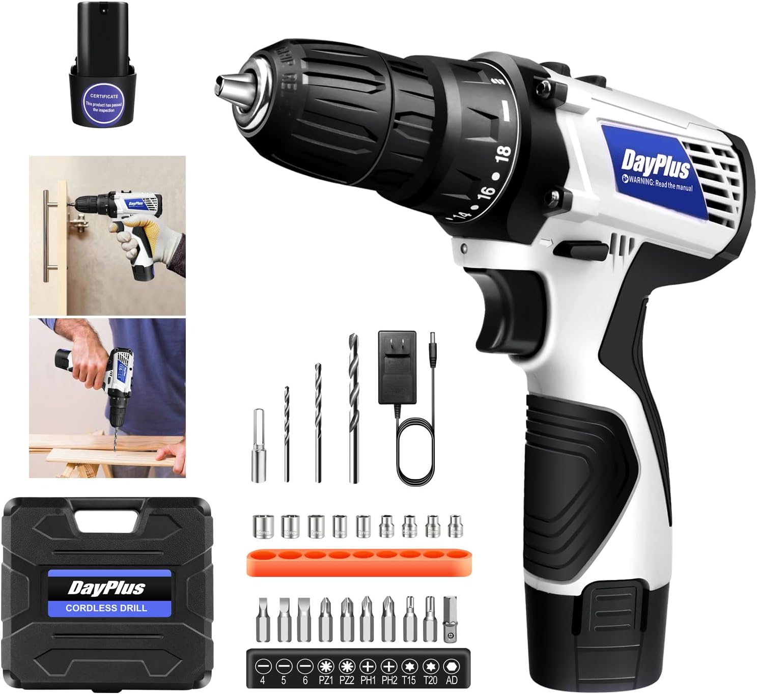Cordless Drill Set, Power Drill Kit with 1.3Ah Battery and Charger, 2 Variable Speed