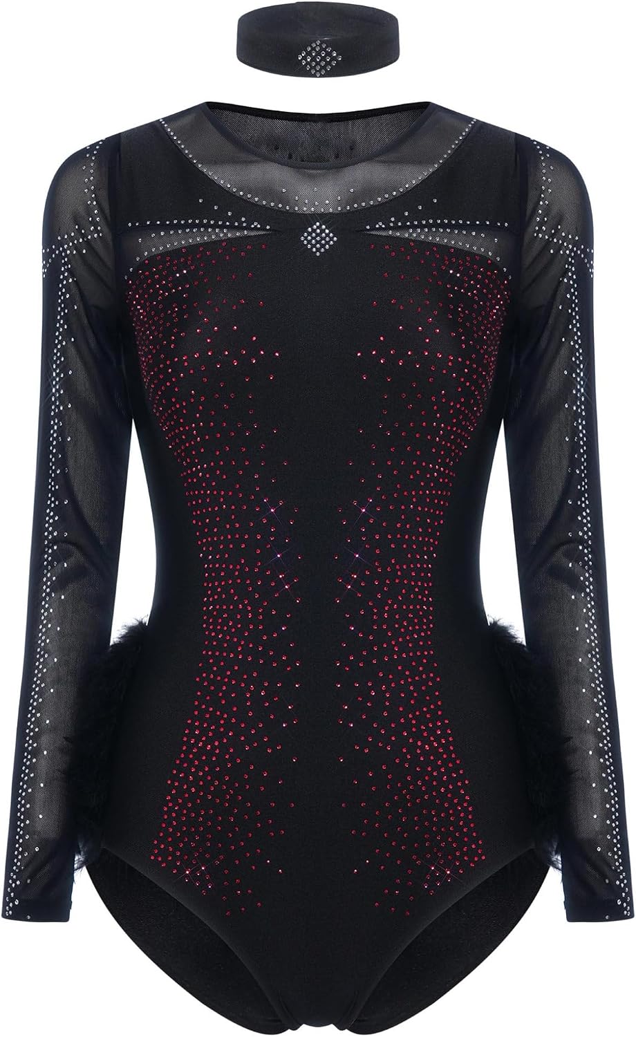 JanJean Women Rumba Cha-cha Dance Bodysuit Long Sleeve Fuzzy Feather Leotard Prom Bar Nightclub Costume