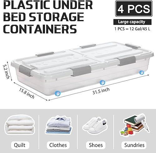 Miniatura 2 de Contenedor de plástico para guardar debajo de la cama con tapa de doble apertura, mango de rueda, transparente, de gran capacidad, apilable, con