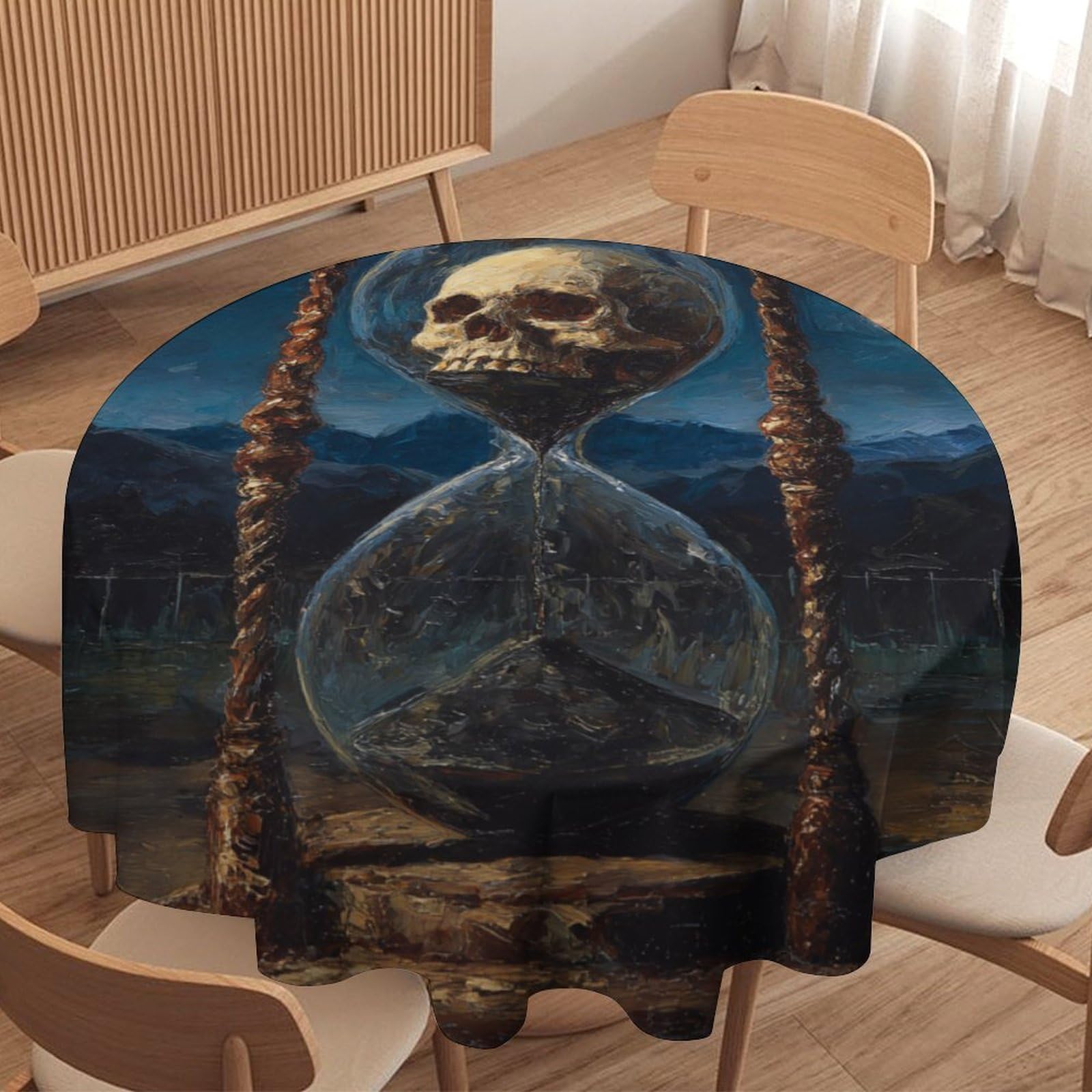 LUYYSKY Classic Rustic Skeleton Hourglass Round Tablecloth Horror Watercolor Full Moon Mountain Skull Skeleton Washable Decor for Table Cover for Kitchen-177.8" Wx177.8 L cm